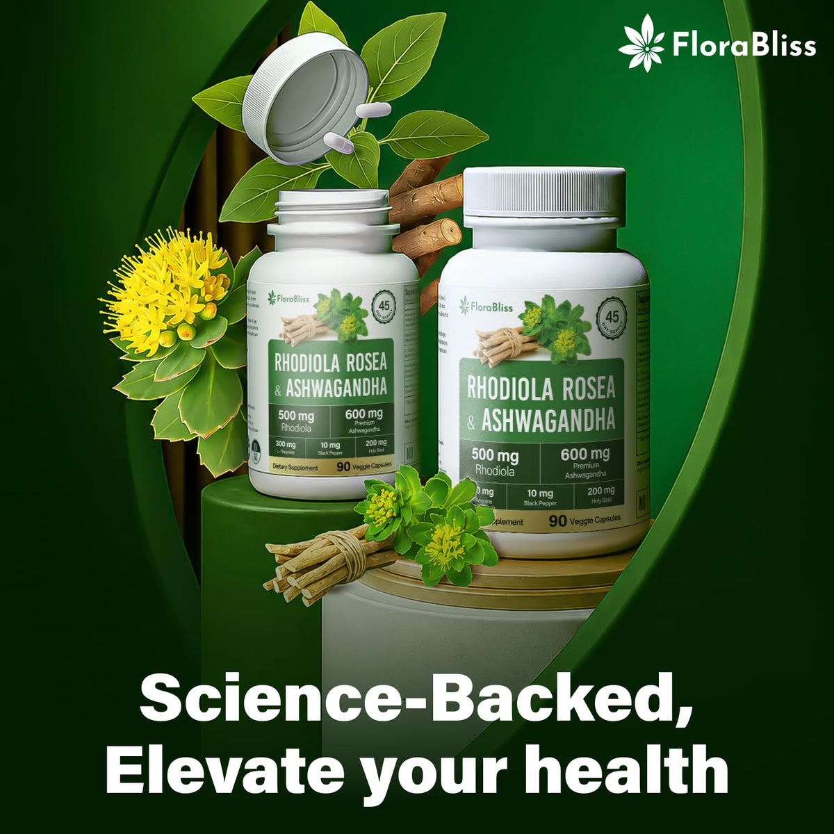 FloraBliss Rhodiola Rosea vue de l'arrière du flacon