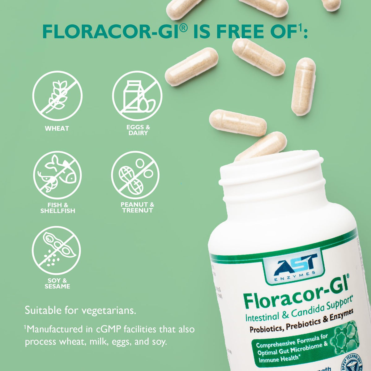 Floracor d'AST Enzymes capsules avec ingrédients sur fond neutre