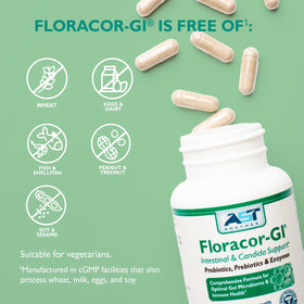 Floracor d'AST Enzymes capsules avec ingrédients sur fond neutre