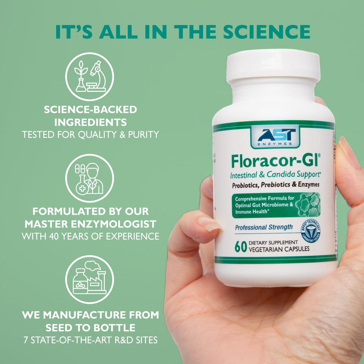 Floracor d'AST Enzymes flacon ouvert avec capsules visibles