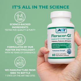Floracor d'AST Enzymes flacon ouvert avec capsules visibles