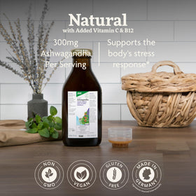 Floradix Ashwagandha liquide avec verre à côté