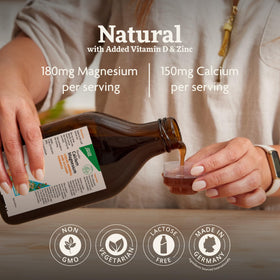 Floradix Calcium Magnésium 500 ml avec verre et liquide versé