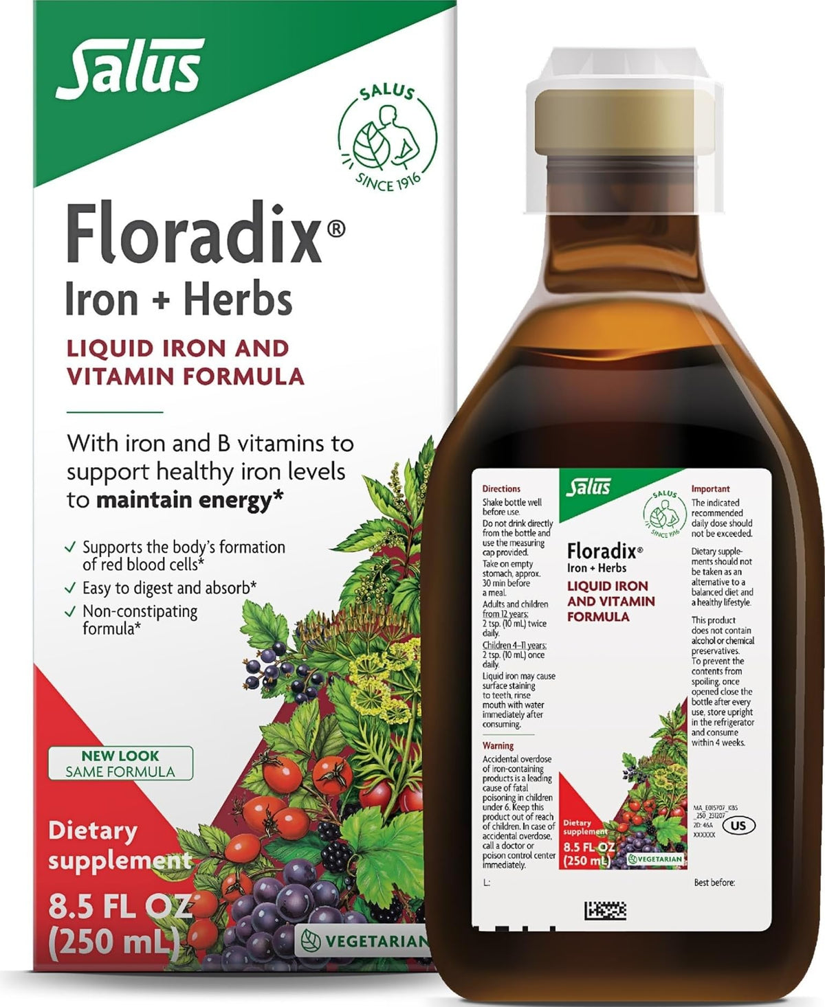 Floradix Fer et Plantes 250 ml, bouteille vue de face