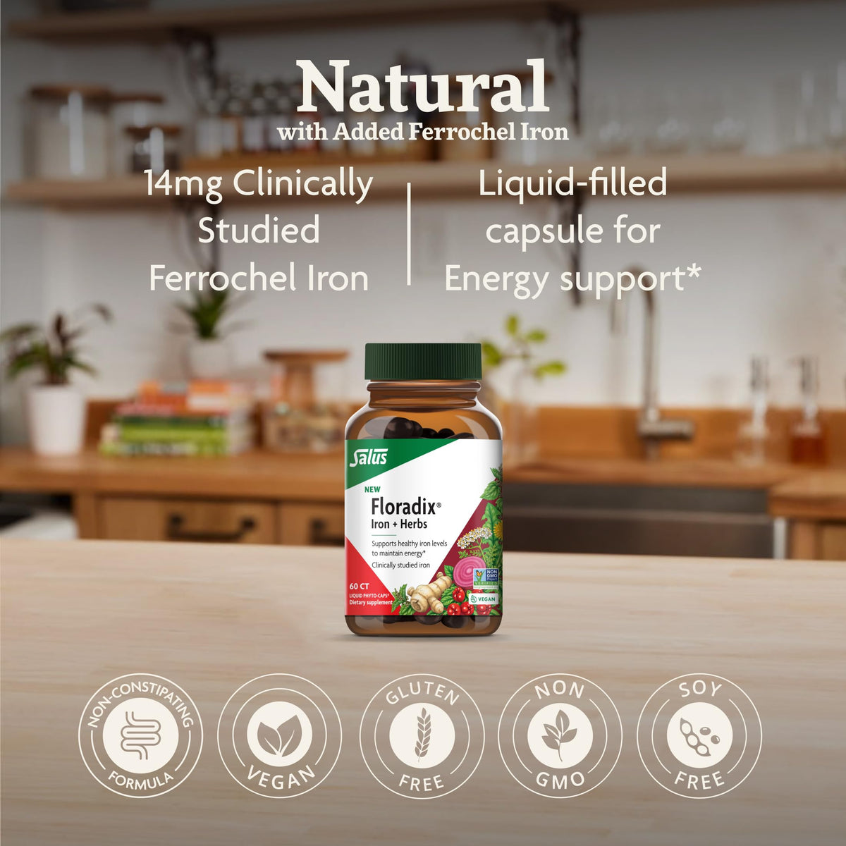 Floradix Fer + Herbes capsules végétales sur fond neutre