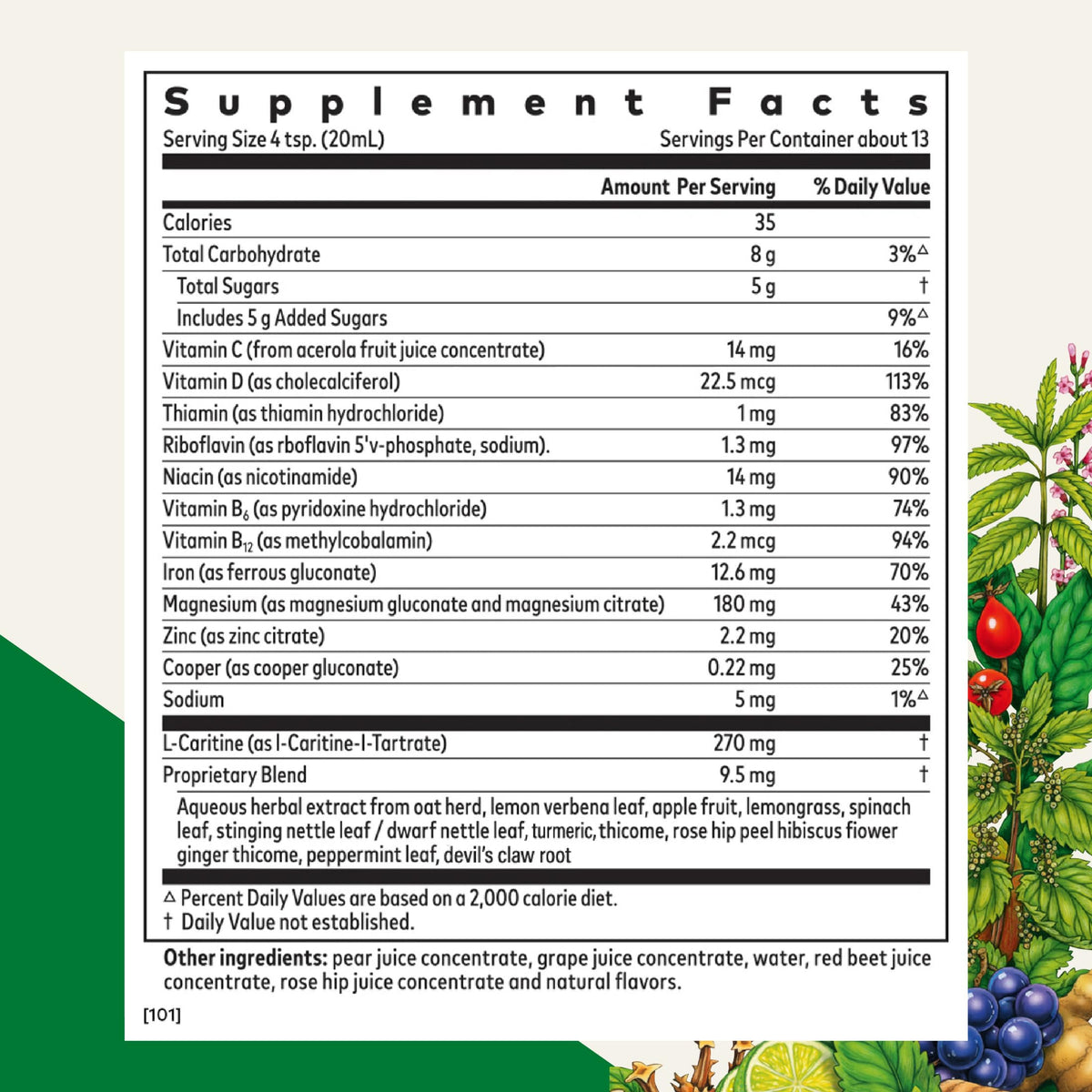 Floradix Fer Sport 250 ml, étiquette avec ingrédients