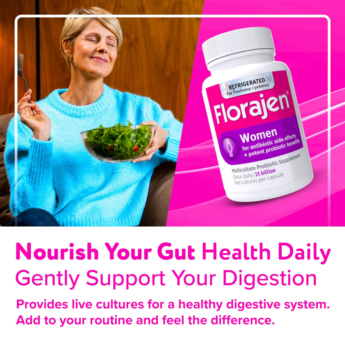 Florajen Probiotique Femme - capsules dans un verre