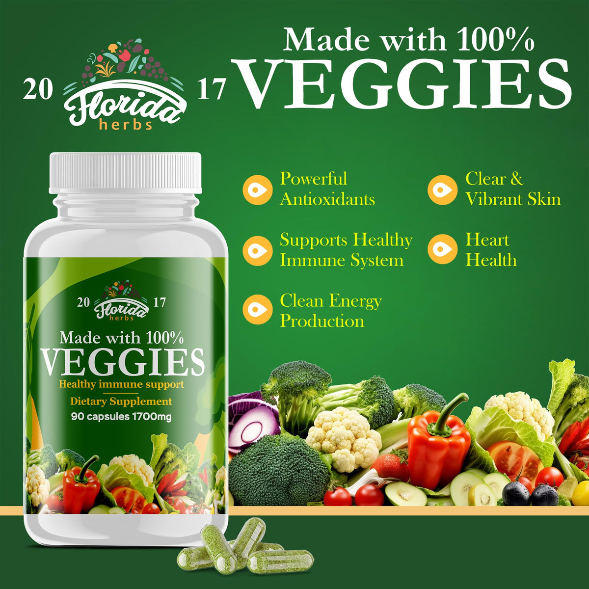 FLORIDA HERBS Complément Alimentaire, gélules de fruits et légumes sur une table