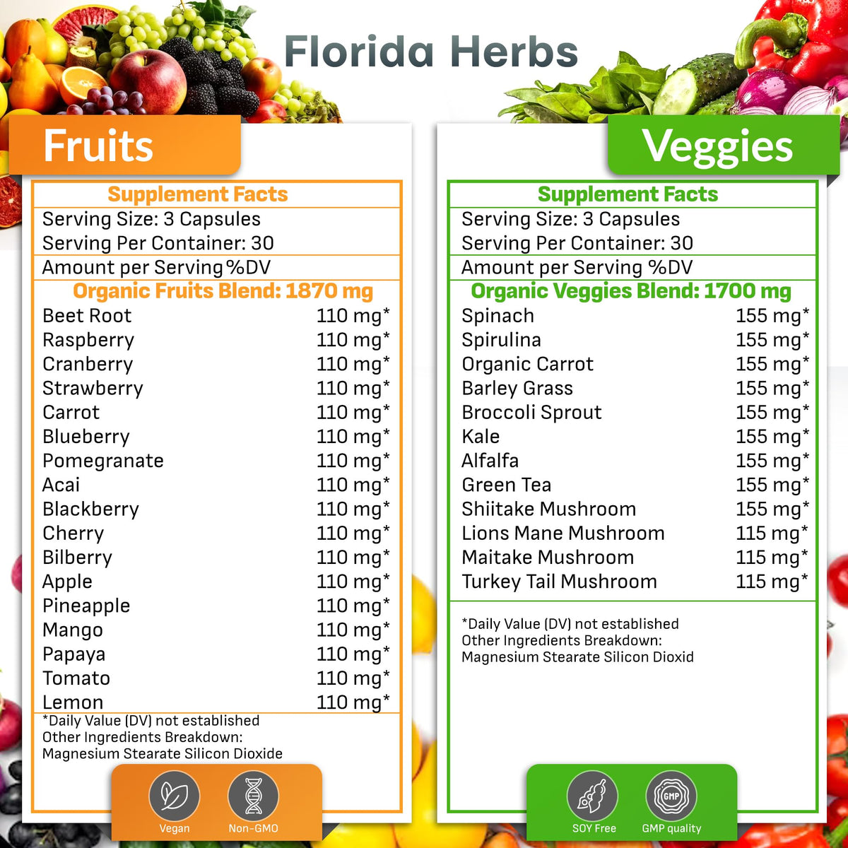 FLORIDA HERBS Gélules de Fruits et Légumes, emballage et contenu