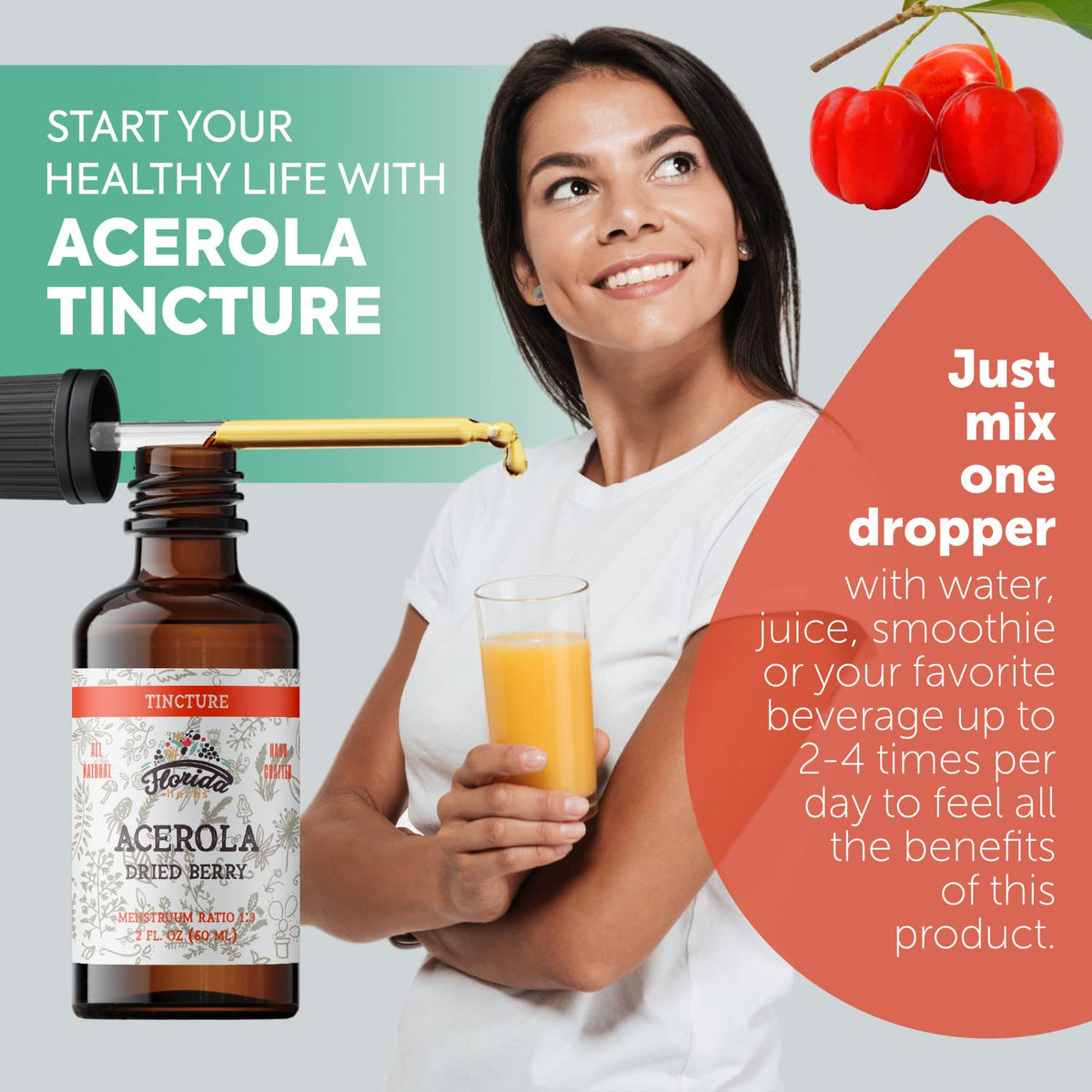 FLORIDA HERBS Teinture d'Acerola Bio 132g avec gouttes