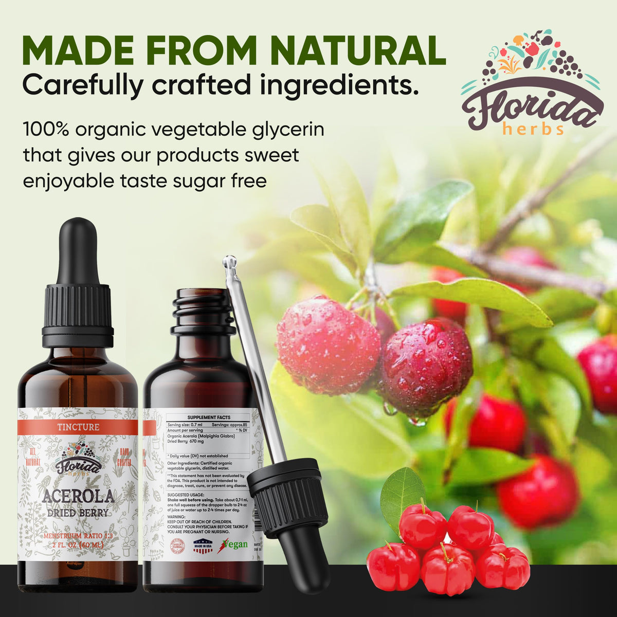 FLORIDA HERBS Teinture d'Acerola Bio 132g étiquette