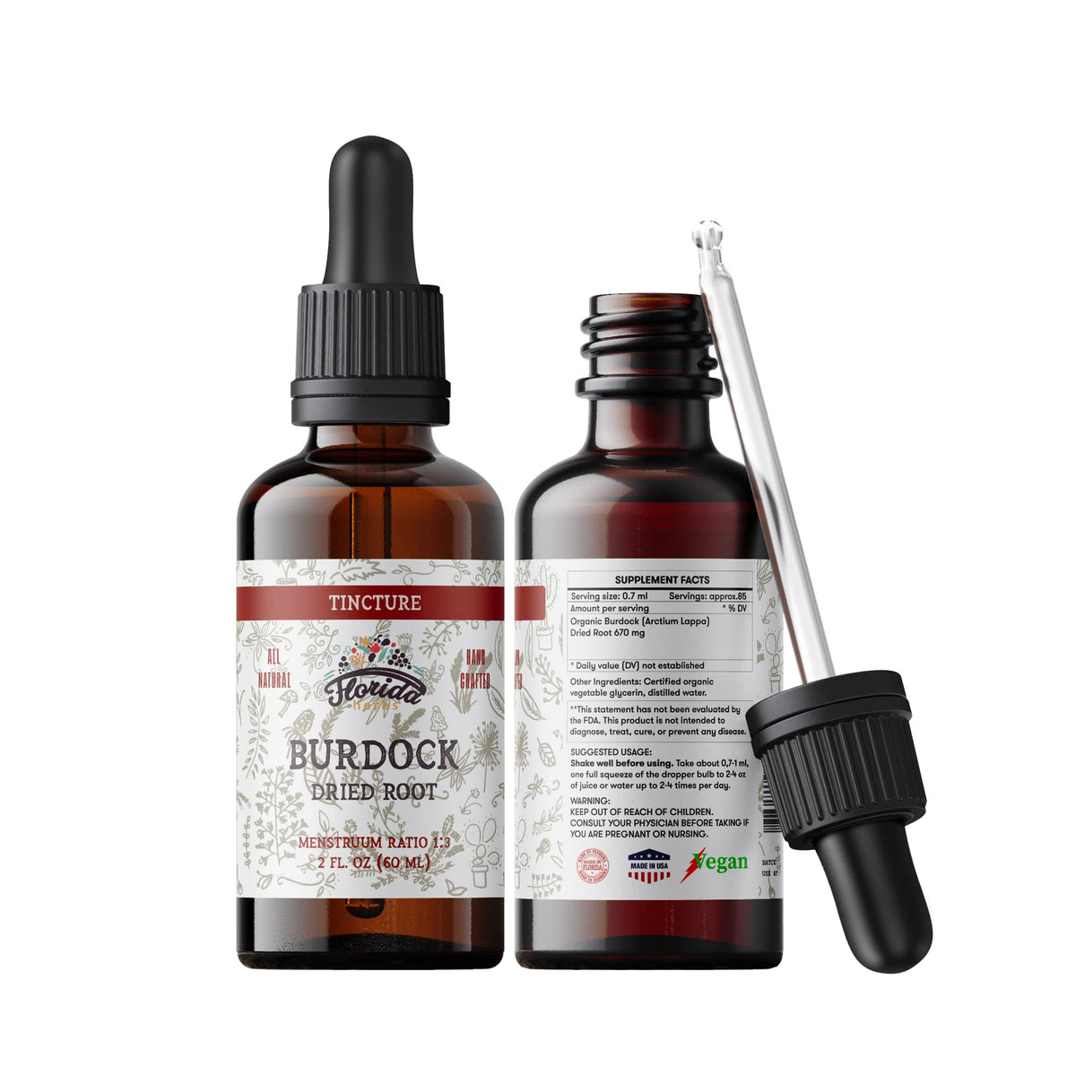 FLORIDA HERBS Teinture de Bardane Bio 60 ml vue avant avec étiquette