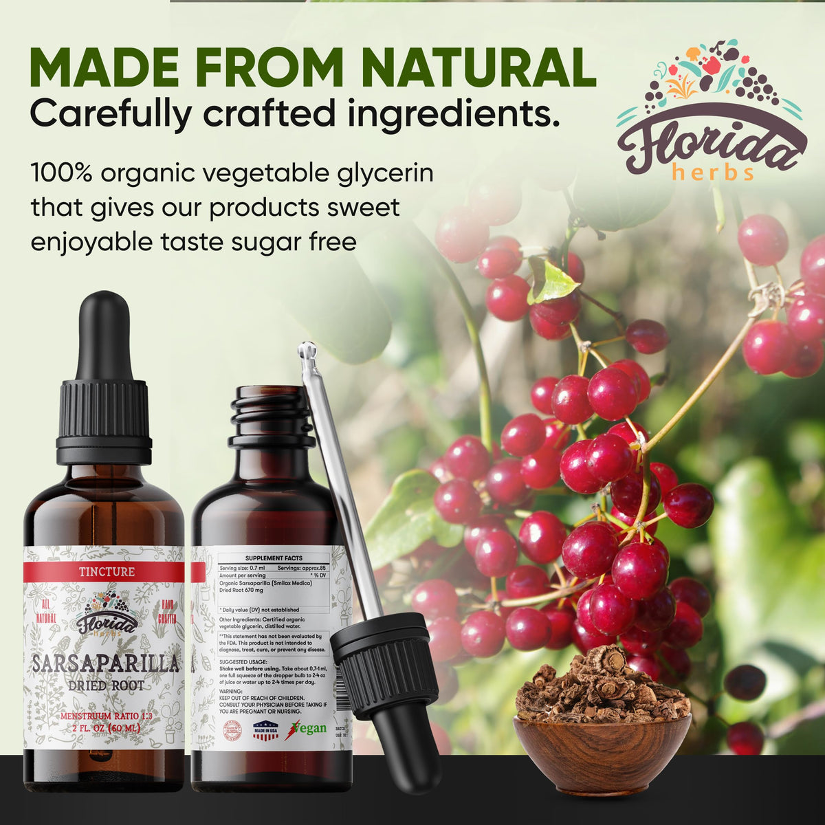 FLORIDA HERBS Teinture de Salsepareille Bio 2 oz avec gouttelette