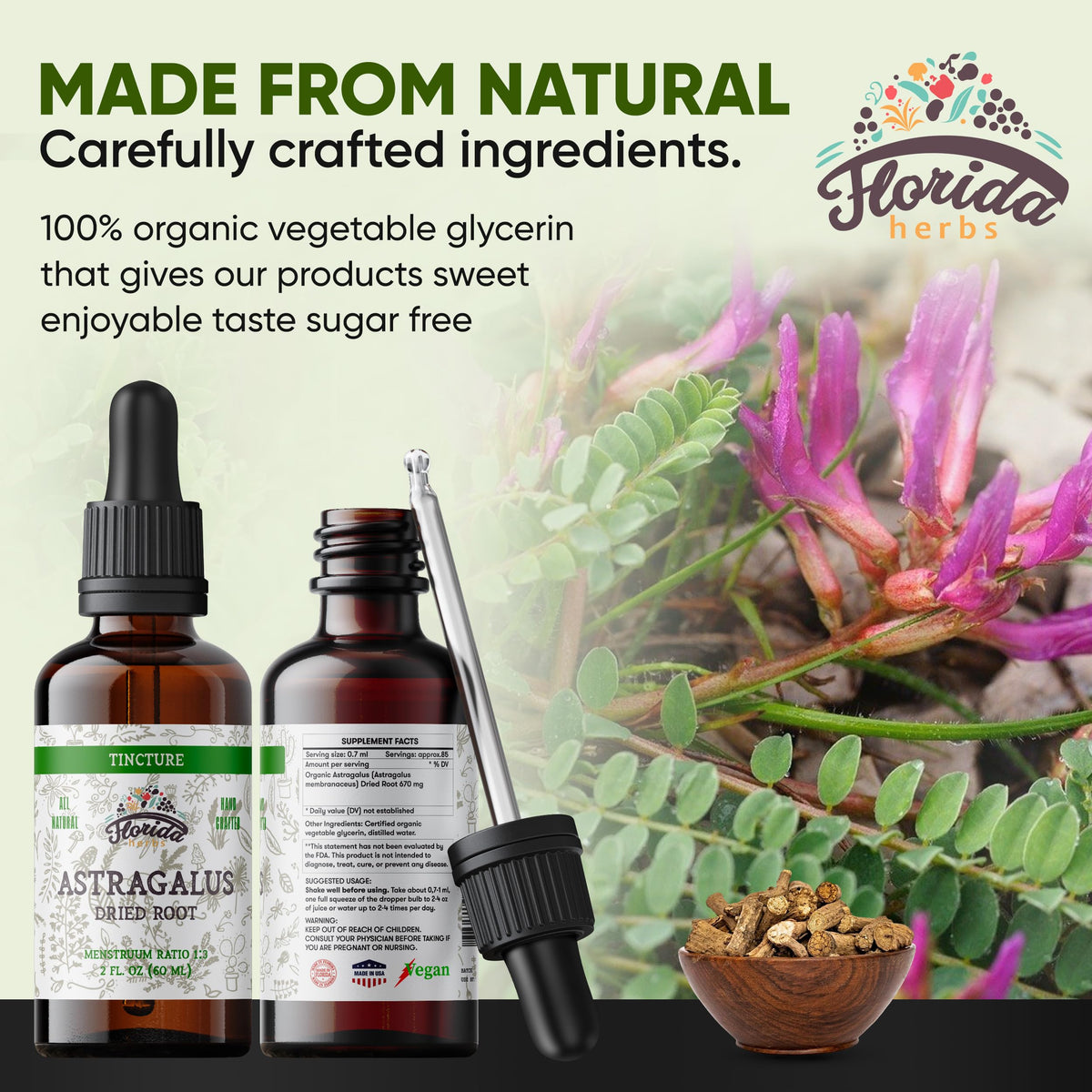 FLORIDA HERBS Tincture d'Astragale Bio 700 mg 60 ml étiquette