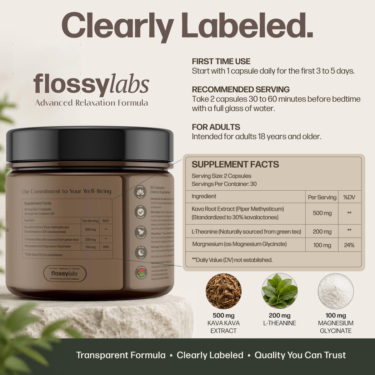 Flossy Labs Calm Night - Capsules de Kava Kava sur un fond neutre
