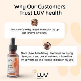 Flow Drops LUV sur une table avec des ingrédients naturels en arrière-plan