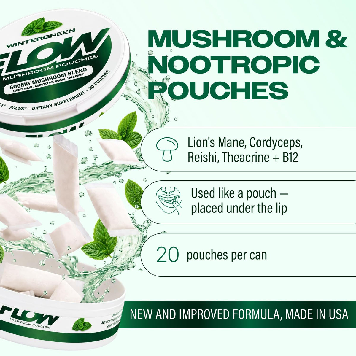 Flow Pouches Poche Nootropique 600mg Lion's Mane Reishi Cordyceps canette ouverte