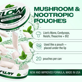 Flow Pouches Poche Nootropique 600mg Lion's Mane Reishi Cordyceps canette ouverte