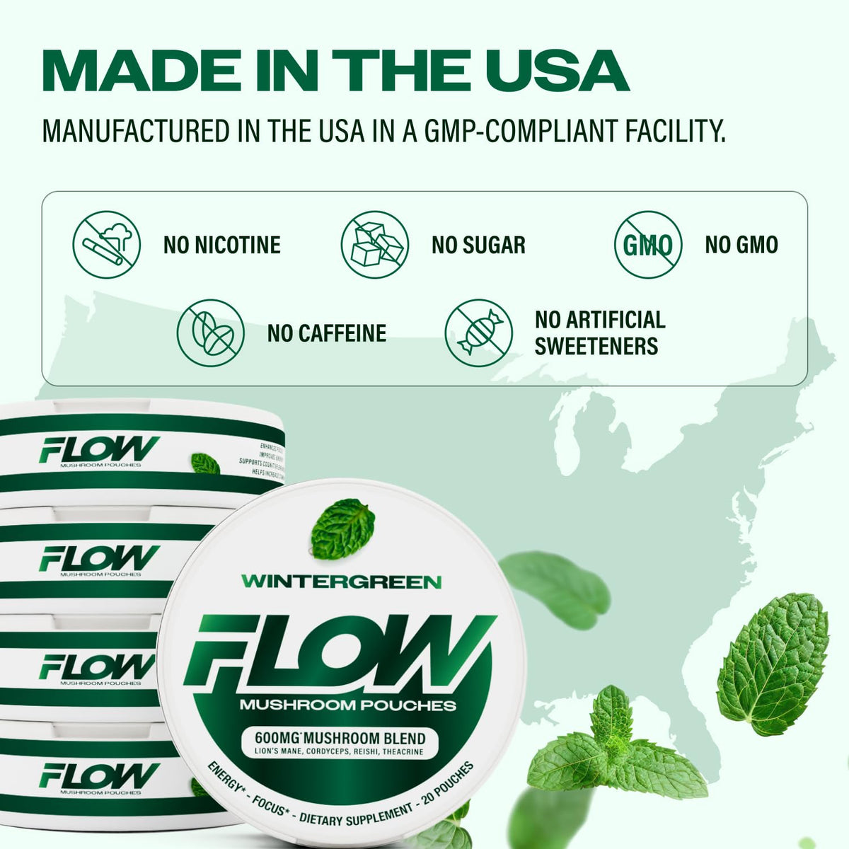 Flow Pouches Poche Nootropique 600mg Lion's Mane Reishi Cordyceps sur une table