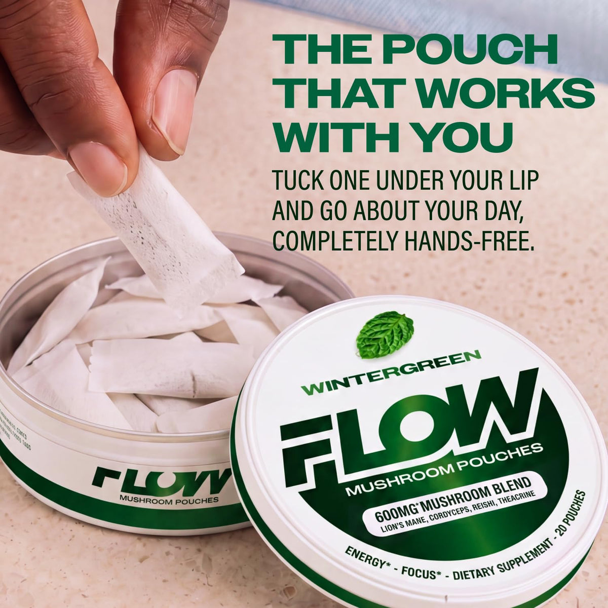 Flow Pouches Poche Nootropique 600mg Lion's Mane Reishi Cordyceps vue de côté
