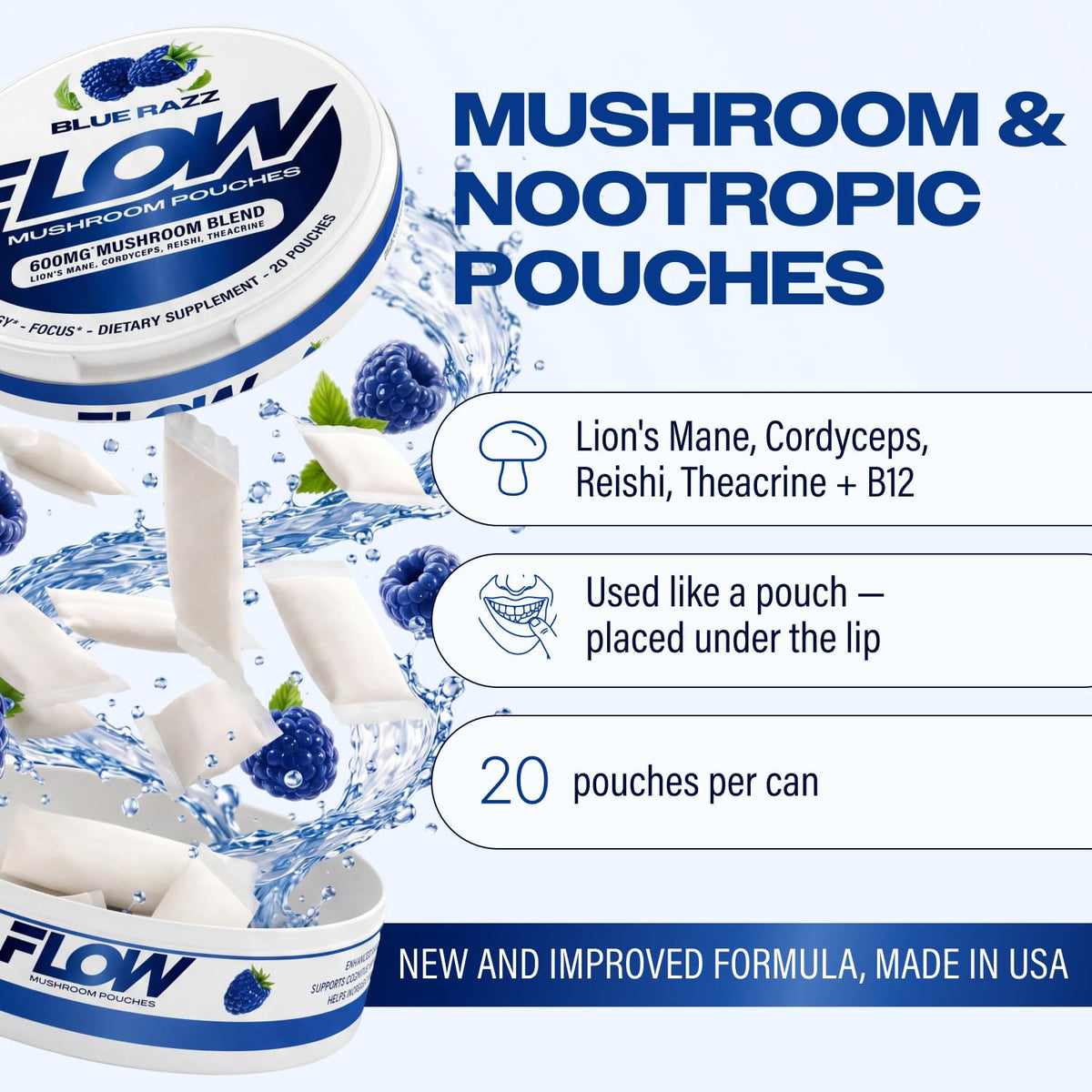Flow Pouches Poches Nootropiques 600mg Lion's Mane Reishi Cordyceps - canette ouverte