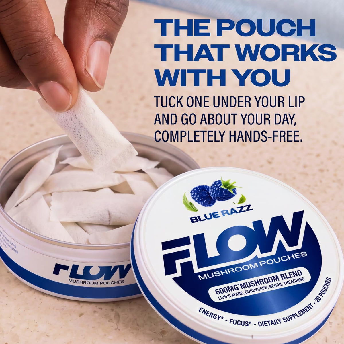 Flow Pouches Poches Nootropiques 600mg Lion's Mane Reishi Cordyceps - contenu des poches