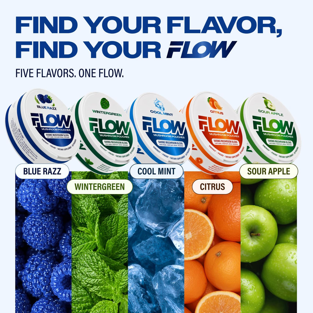 Flow Pouches Poches Nootropiques 600mg Lion's Mane Reishi Cordyceps - vue latérale