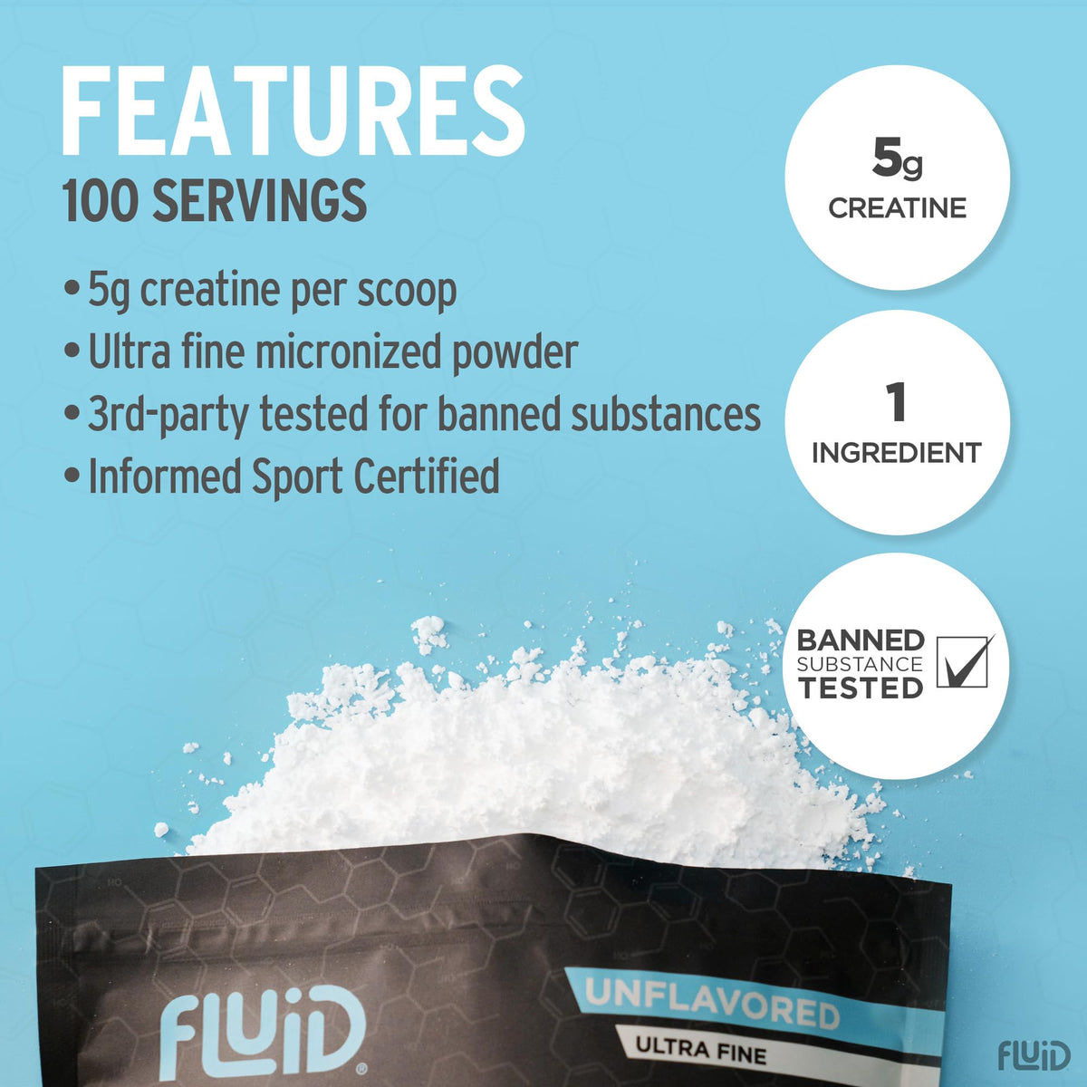Fluid Créatine Monohydrate 100% Pure ouverte avec dosette de mesure