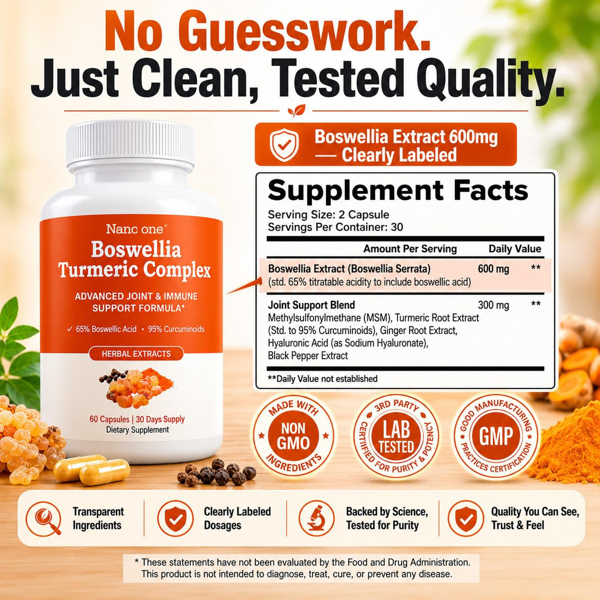 Flulight Complex Boswellia Curcuma 60 capsules à côté d'un verre d'eau