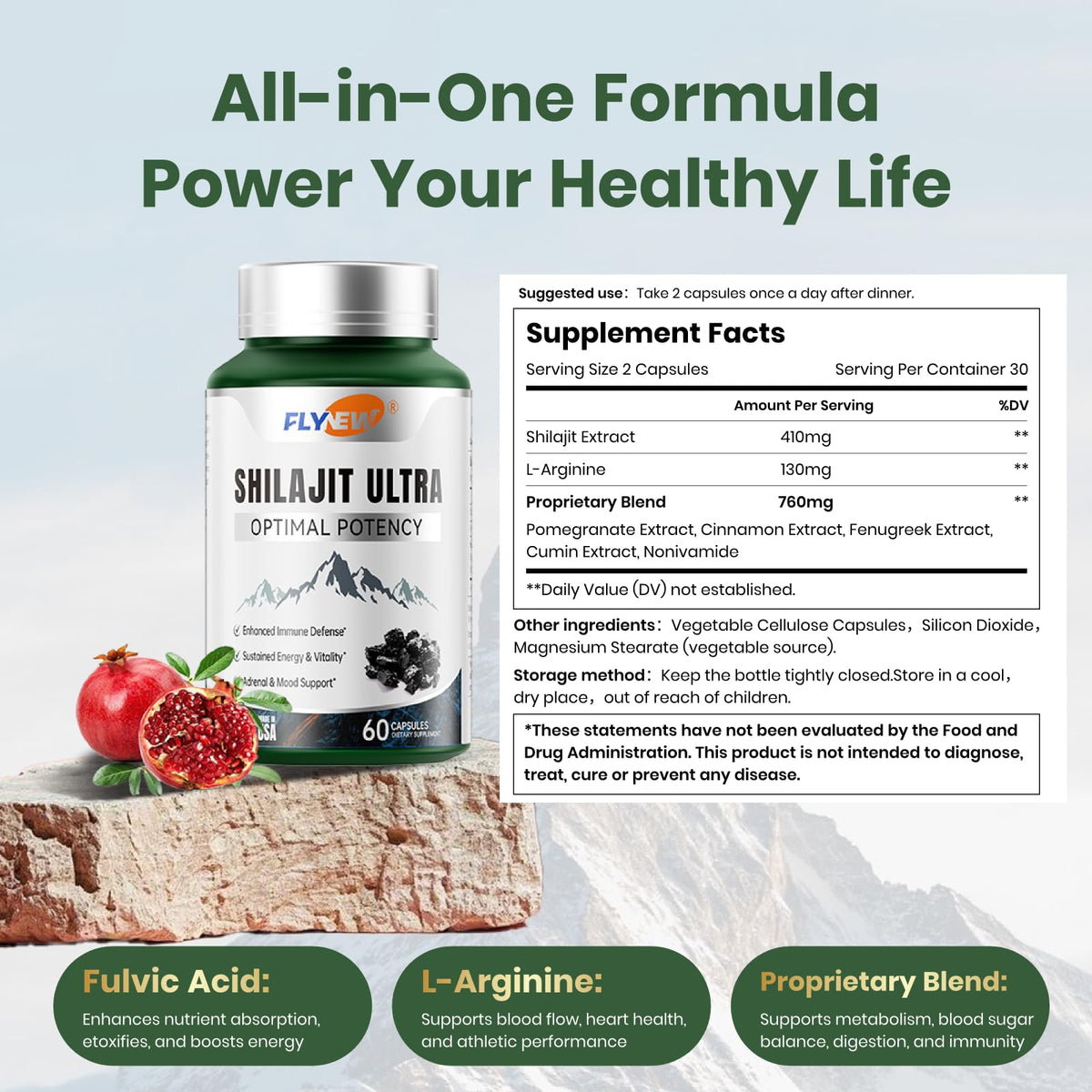 Flynew Shilajit avec des plantes en arrière-plan