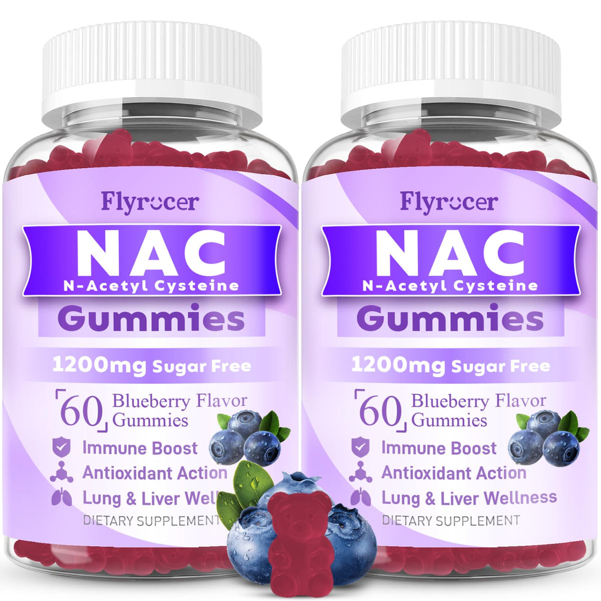 Flyrocer Gummies NAC 120 pièces pot vue de face
