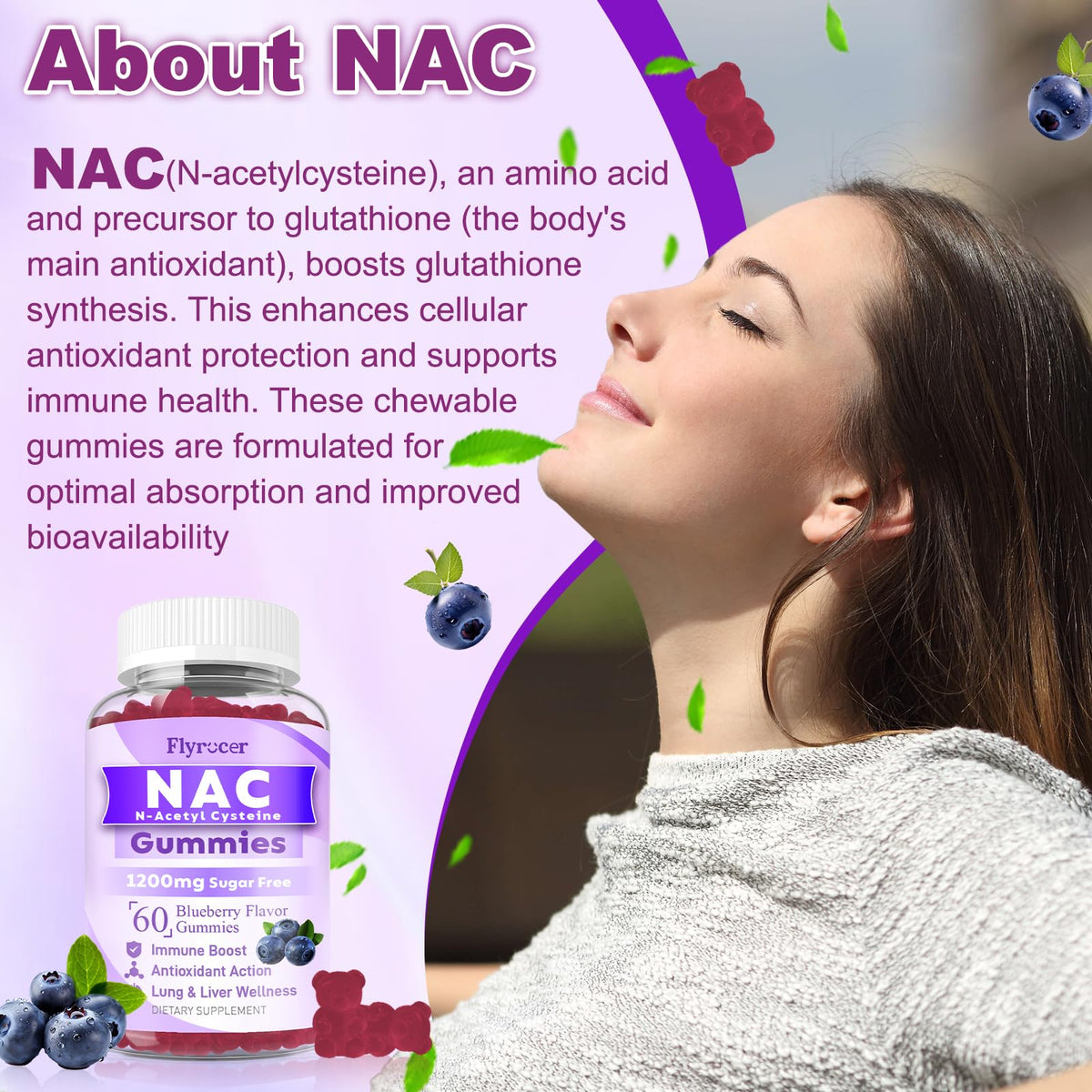 Flyrocer Gummies NAC en présentation avec myrtilles