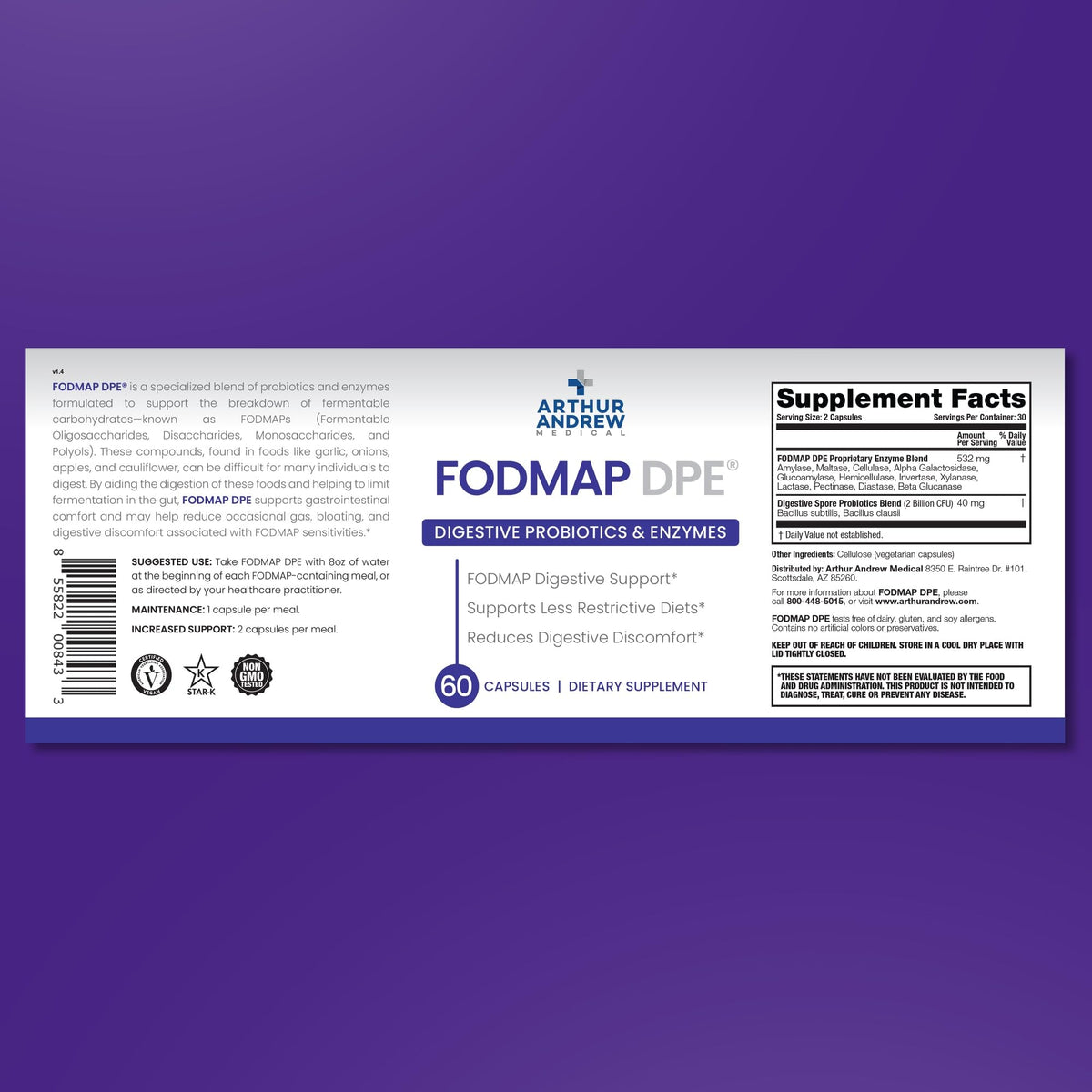 FODMAP DPE Arthur Andrew Medical capsules et étiquette de produit