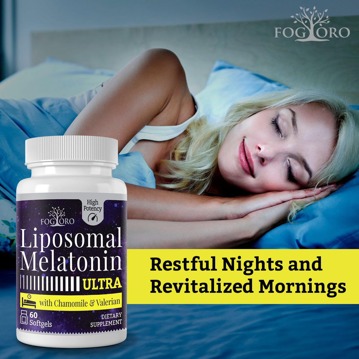 Fogoro Mélatonine 60mg présentation lifestyle sur une table de nuit