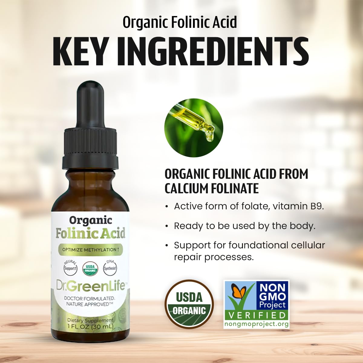 Folate Folinique Dr. Green Mom avec une cuillère doseuse à côté