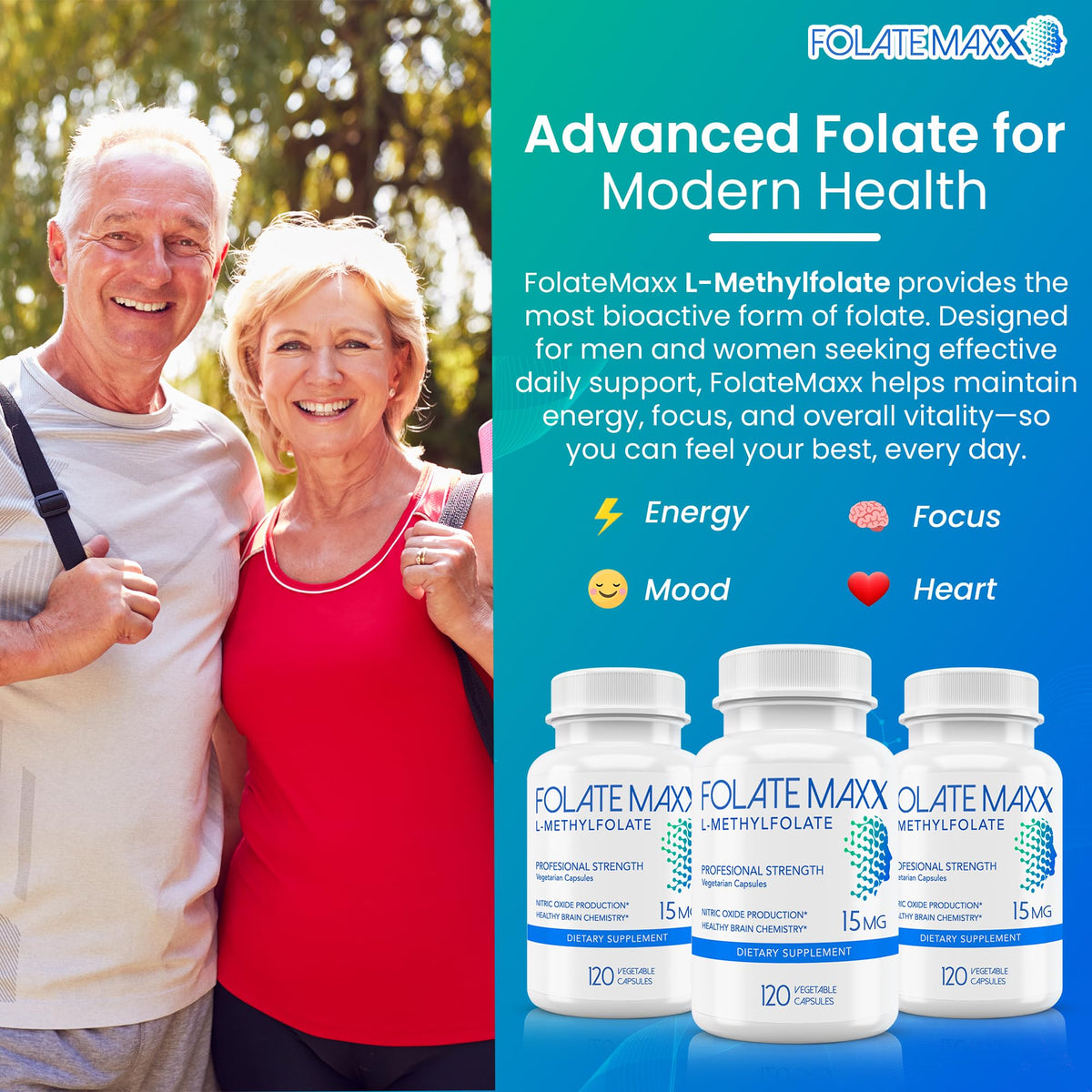 FOLATE MAXX L-Méthylfolate 15mg capsules sur une surface blanche