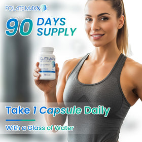 FOLATE MAXX L-Méthylfolate 1mg capsules à côté d'un verre d'eau