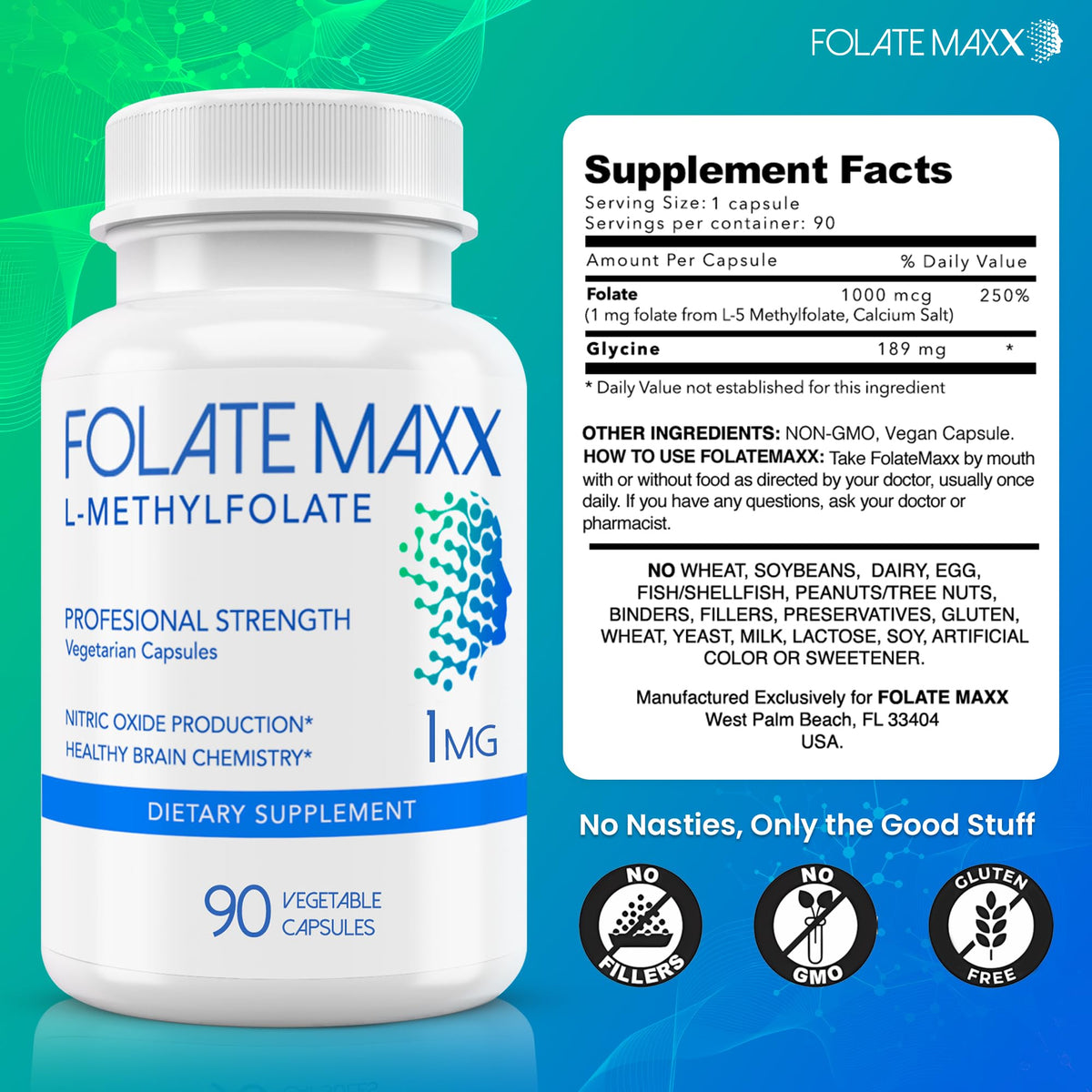 FOLATE MAXX L-Méthylfolate 1mg capsules sur fond blanc