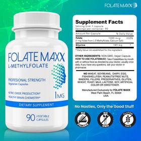 FOLATE MAXX L-Méthylfolate 1mg capsules sur fond blanc