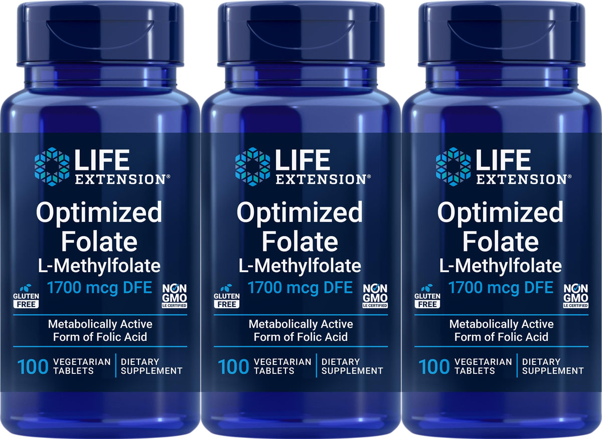 Folate Optimisé Life Extension 1700 mcg DFE, 100 tablettes végétariennes, vue de face