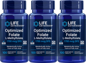 Folate Optimisé Life Extension 1700 mcg DFE, 100 tablettes végétariennes, vue de face