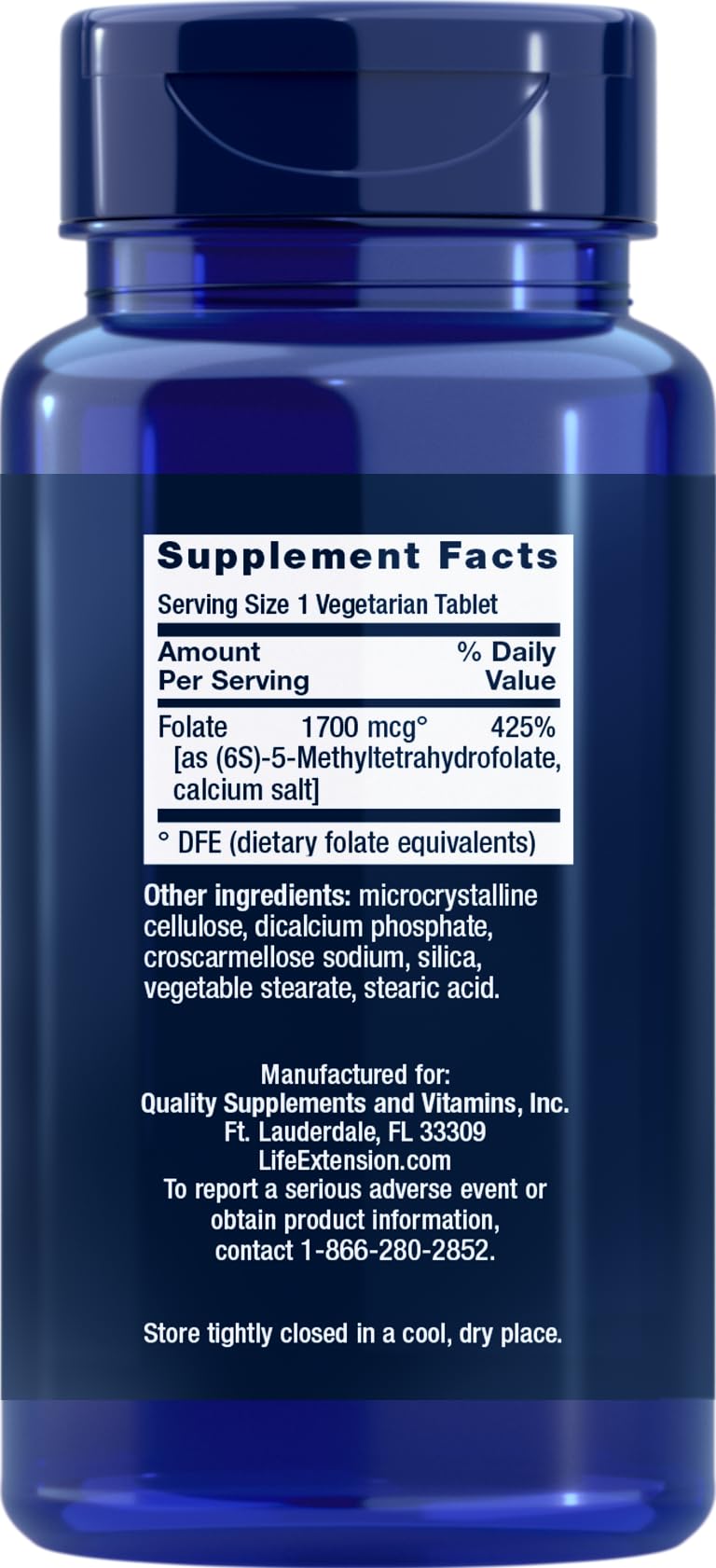 Folate Optimisé Life Extension 1700 mcg DFE, emballage et informations nutritionnelles