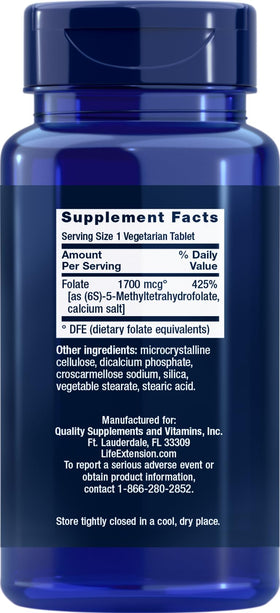 Folate Optimisé Life Extension 1700 mcg DFE, emballage et informations nutritionnelles