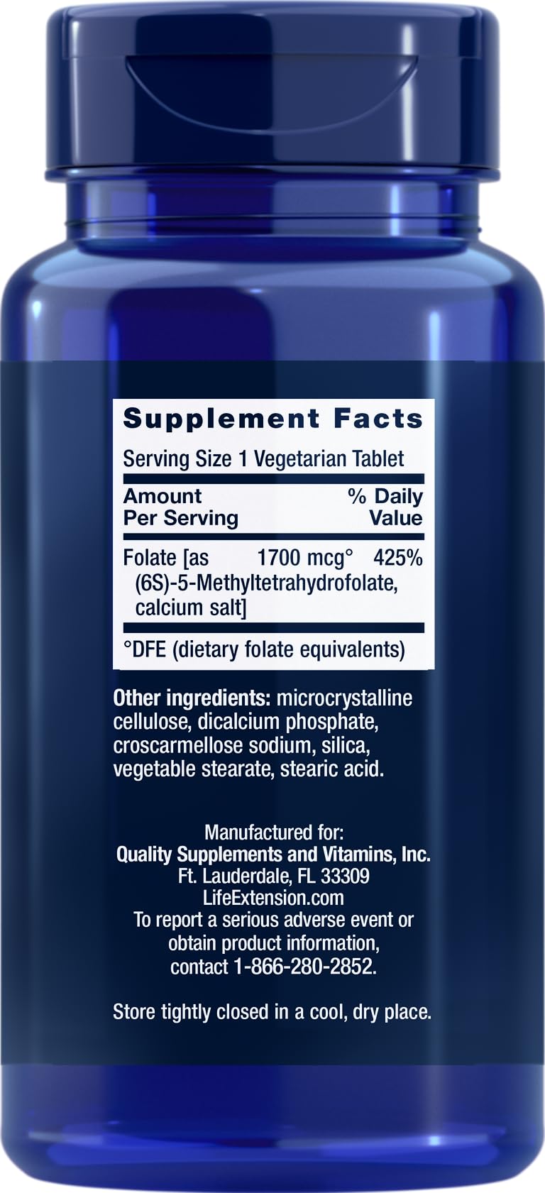 Folate Optimisé Life Extension 1700 mcg étiquette détaillée
