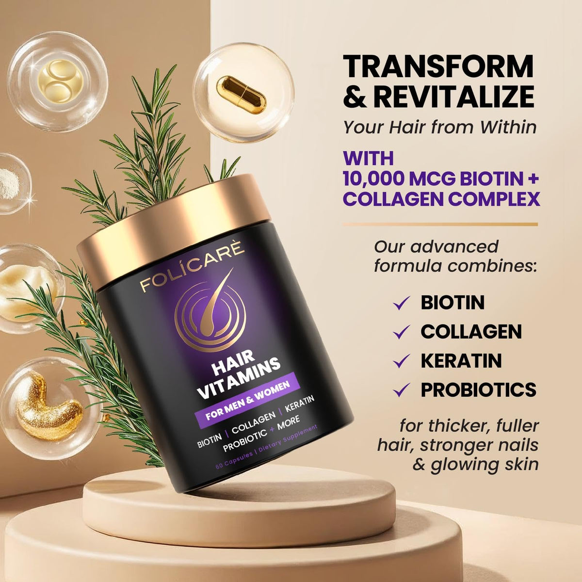 FOLICARE Complément Alimentaire Biotine et Collagène 60 Capsules avec verre d'eau