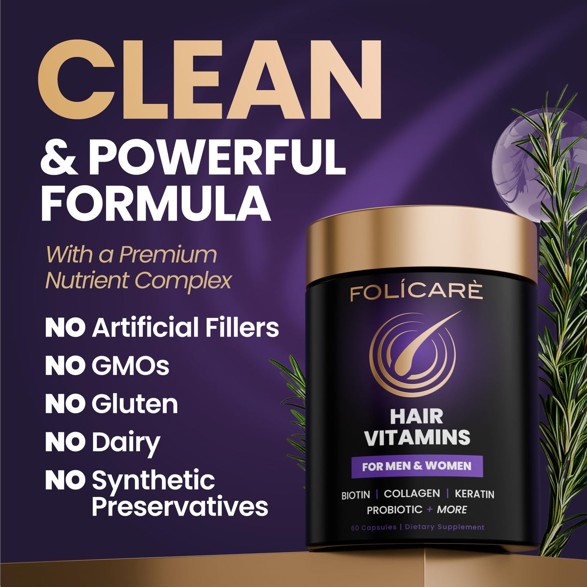 FOLICARE Complément Alimentaire Biotine et Collagène 60 Capsules en vue latérale