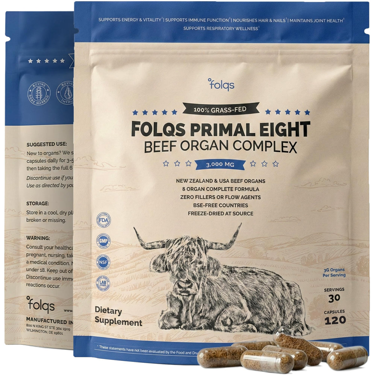 Folqs Complément Alimentaire Organes 3000mg, vue avant du produit