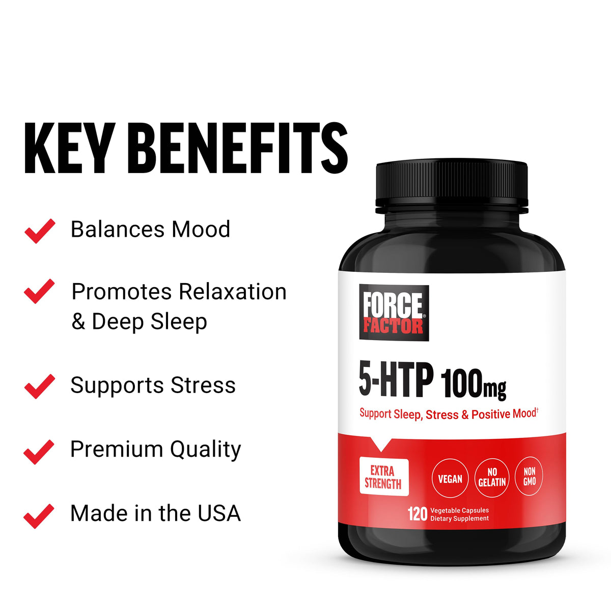 Force Factor 5-HTP capsules sur fond blanc