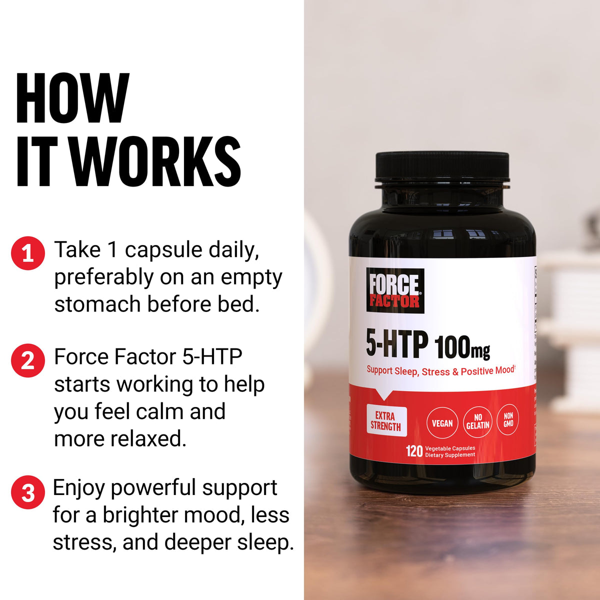 Force Factor 5-HTP flacon avec étiquette