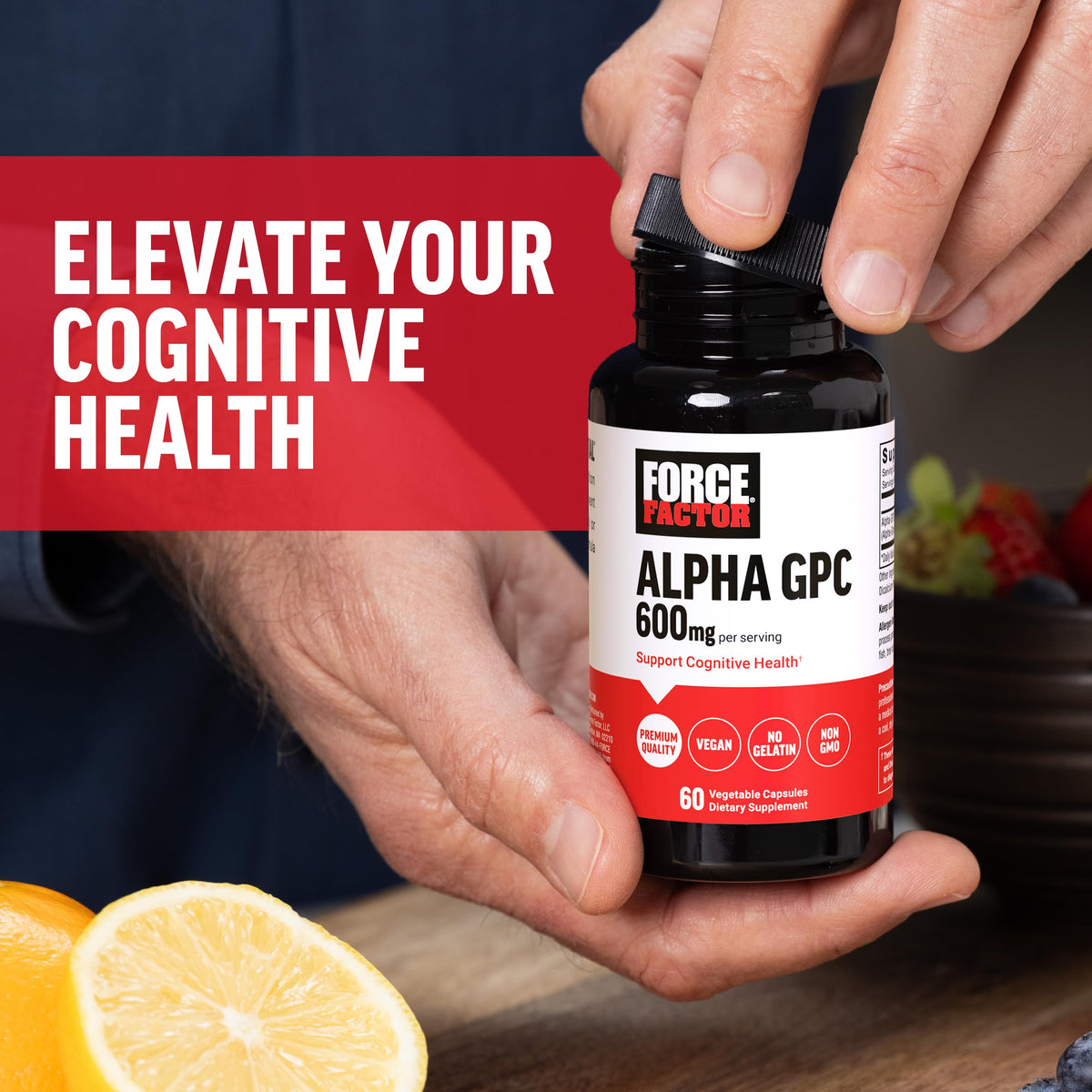 Force Factor Alpha GPC 300mg présentation du produit sur fond blanc